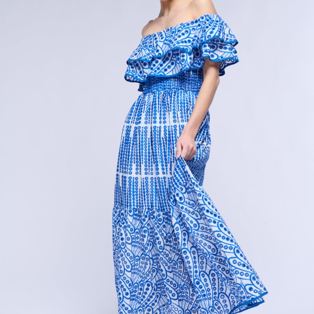 Akira, Gorgeous Blue And White, Eyelet, Embroidered Ruffled Maxi Dress, Size L - Picture 3 of 6